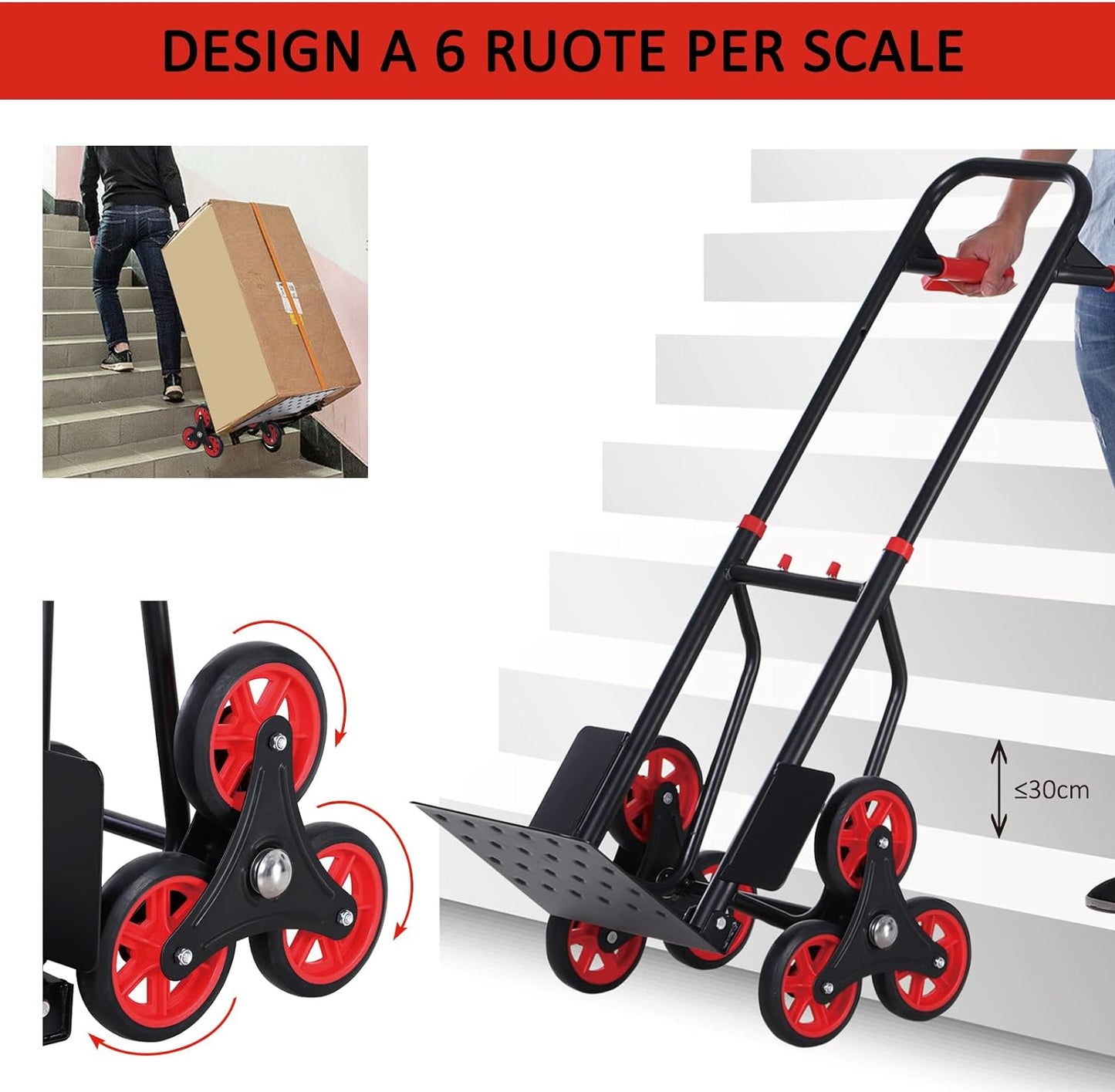 Carrello Portapacchi Pieghevole pacchi scale 120 kg max con Maniglia Estraibile Carrello da Trasporto in Acciaio, PP e TPR, 60x45x109 cm, Rosso e Nero YGYB71-029FR5