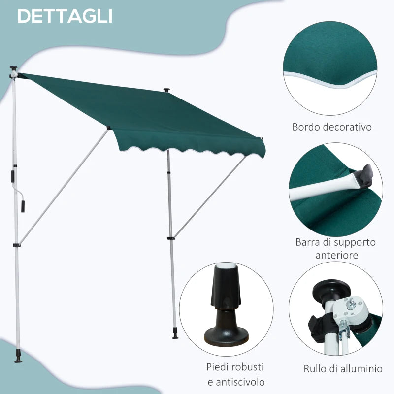 Tenda da Sole da Esterno 2x1.5m a Rullo con Manovella, Altezza e Angolazione Regolabile, Verde QW6840-182GNQW6