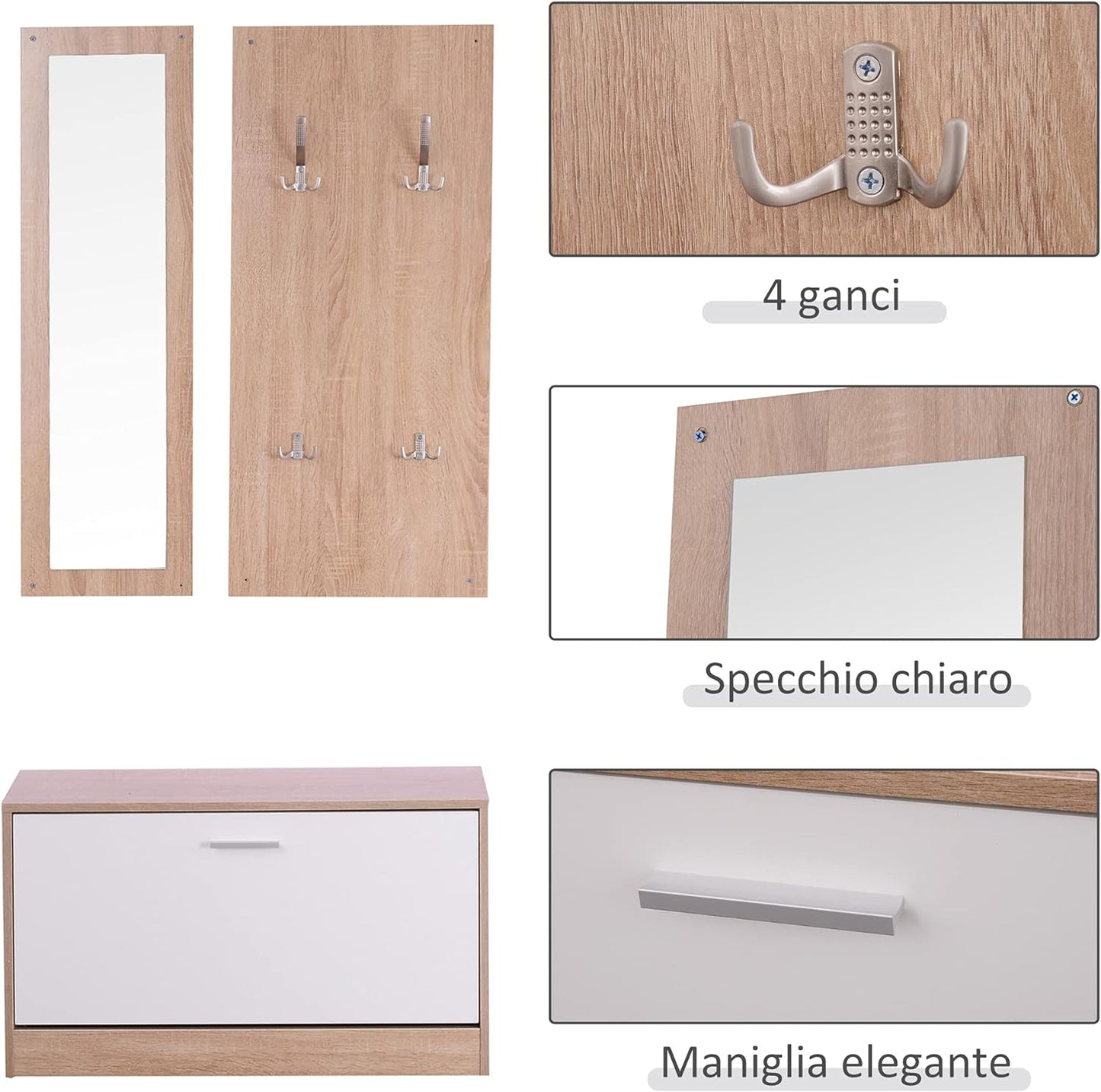 mobile ingresso entrata in legno con specchio scarpiera appendiabiti attaccapanni bianco o legno T66837-006WTD55