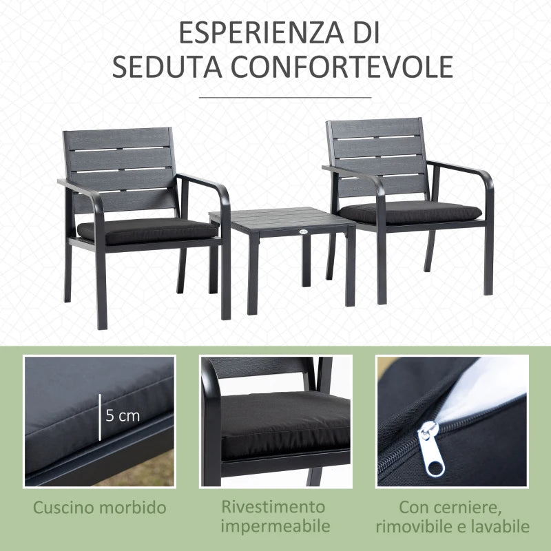 Set da Giardino 3 Pezzi con Tavolino e 2 Sedie con Cuscini, Acciaio e Plastica, Grigio Scuro 84B-643