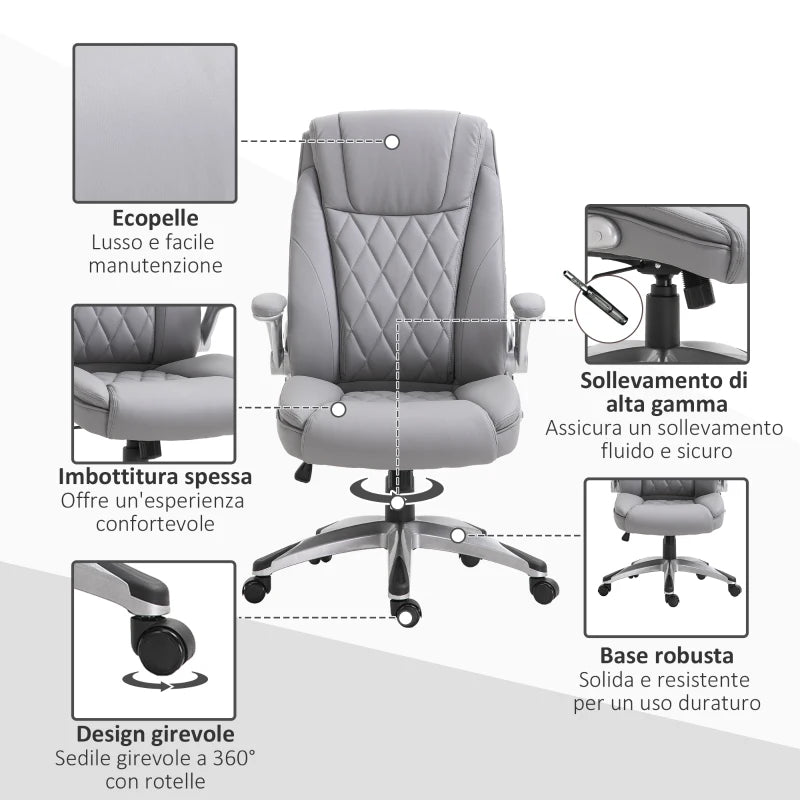 Sedia da Ufficio Ergonomica con Imbottitura, Altezza Regolabile e 5 Ruote, 70x71x113-121 cm, Grigio UL3920-063GYUL3