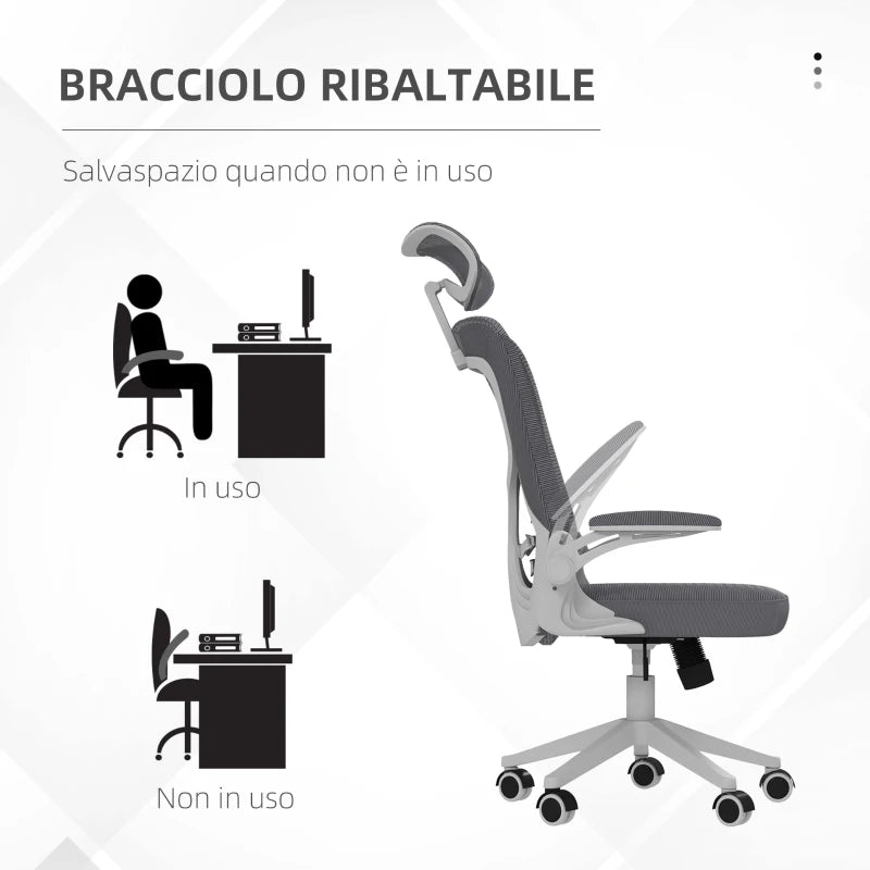 Sedia da Ufficio ad Altezza Regolabile con Supporto Lombare e Braccioli Ribaltabili, 65x64x120-130 cm FG1921-654V01CGFG1