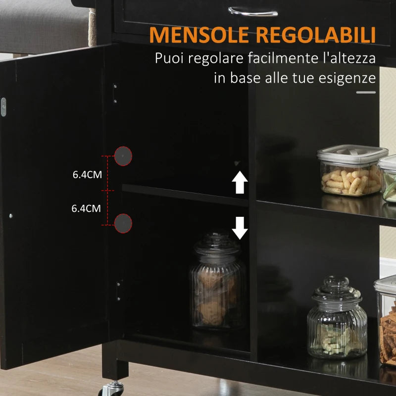 Carrello da Cucina in Legno con Cassetto, Armadietto e Ruote, 83x45x88cm, Nero HG7801-214HG7