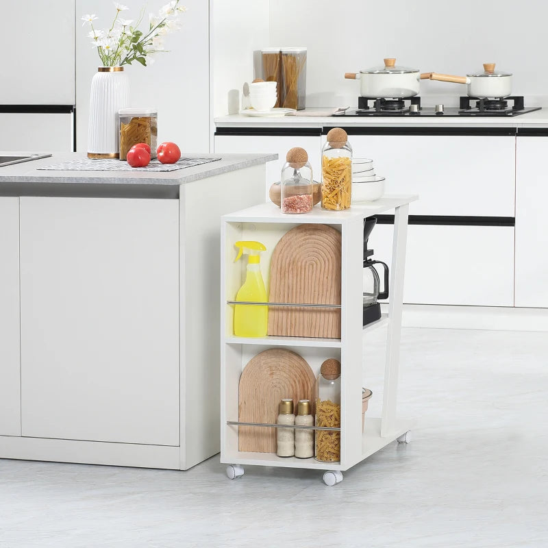 Carrello da Cucina Portavivande in Legno con 2 Ripiani e Ruote, 60x38x77cm, Bianco KJ2801-292V00WTKJ2