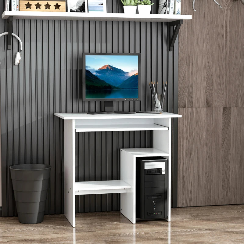 Scrivania per Computer Porta PC Moderna Salvaspazio, Scrivania da Uffcio con Ripiano per CPU e Mensola Tastiera Estraibile in Legno, 80x45x75cm, Bianco QU6836-092WTQU6