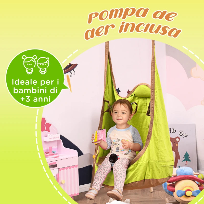 Amaca per Bambini da Interno o Esterno, Sedia Sospesa a Sacco Portatile in Cotone Verde e Marrone, 75x55x140cm UJ9344-032UJ9