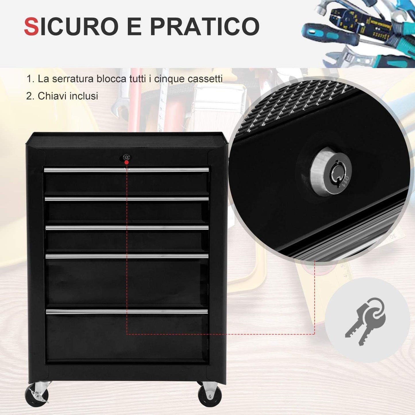 Carrello Porta Utensili Attrezzi con ruote Attrezzatura con Cassettiera Nero 61.5 x 33 x 82.5cm FTGB20-004BKD88