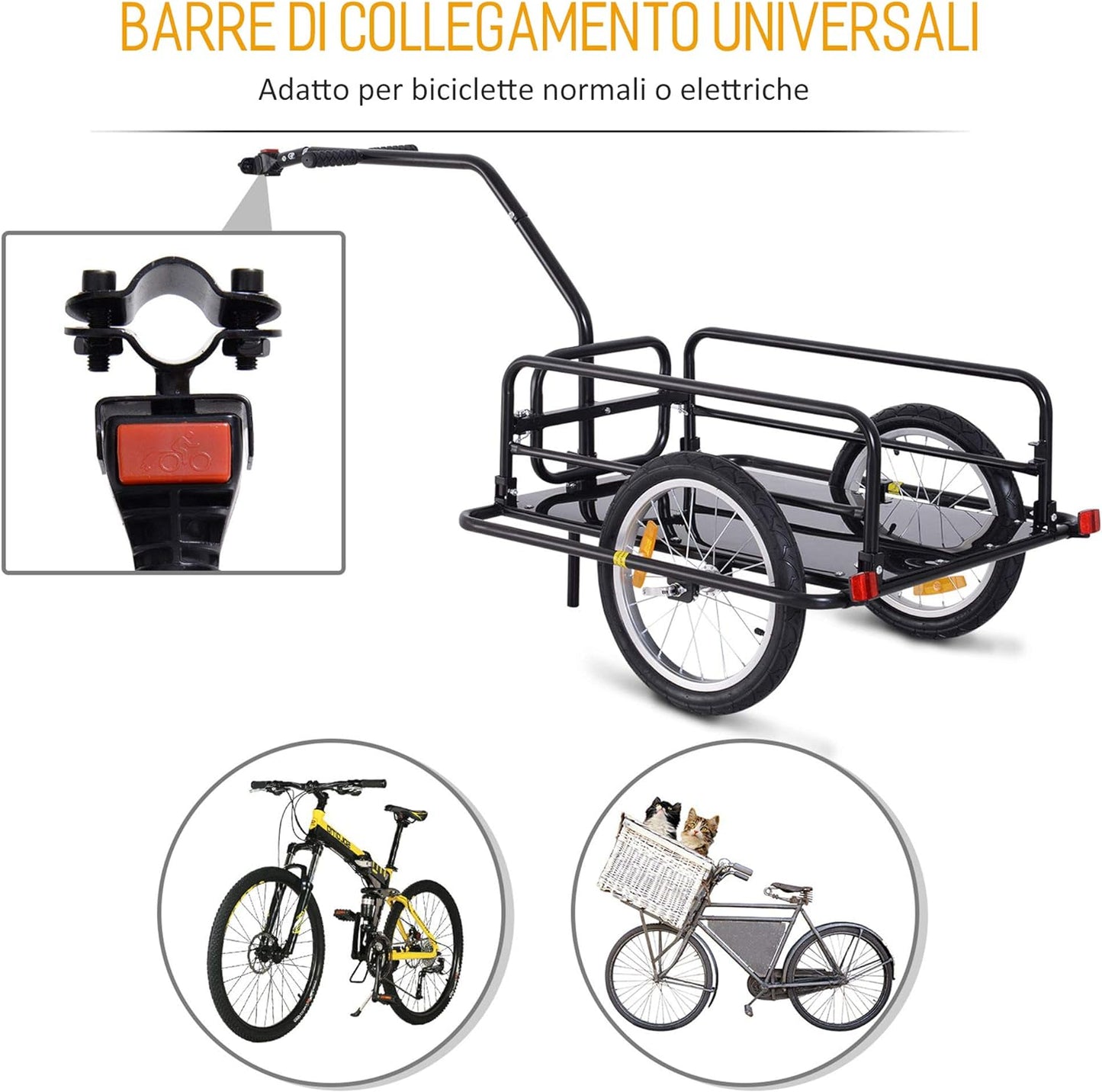 Carrello per Bicicletta Rimorchio Cargo Bici Trasporto di Oggetti Pieghevole Portata 36kg 156x72x82cm R5TB71-020D44