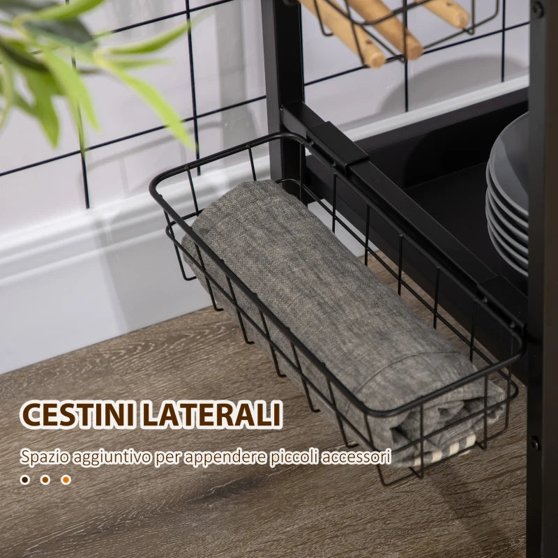 Carrello da Cucina a 3 Livelli con 2 Ruote, Cesto Estraibile e Vassoio, 75x43.5x91 cm, color Legno e Nero HG7801-282V00WNHG7