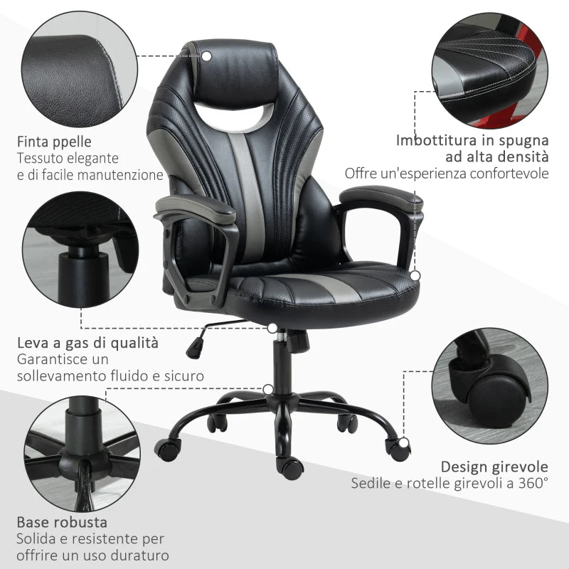 Sedia da Ufficio Stile Gaming in Finta Pelle con Funzione Dondolo, 63x68x105-113cm, Nero e Grigio PL4921-392V02BKPL4