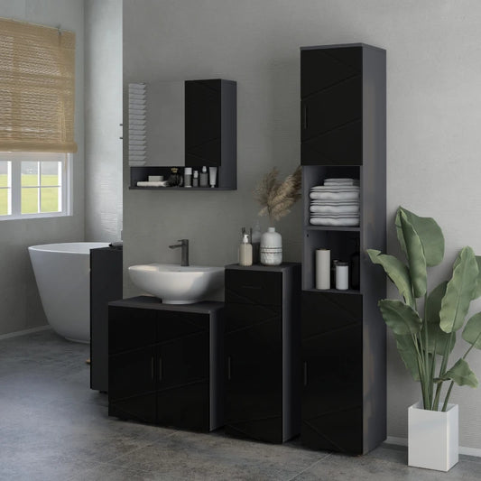 Colonna Bagno in Truciolato con 2 Ripiani Aperti e 2 Armadietti a 2 Livelli, 30x30x183 cm, Nero e Grigio RF8834-628V80BKRF8