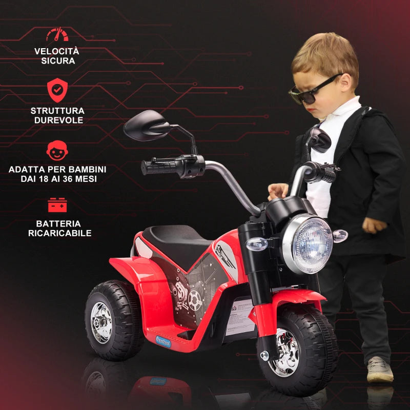 Moto Elettrica per Bambini a 3 Ruote con Luci e Suoni, Batteria Ricaricabile 6V, Velocità 2 km/h, per Bimbi da 18-36 Mesi, 72x57x56cm Rossa DP7370-188V90RDDP7