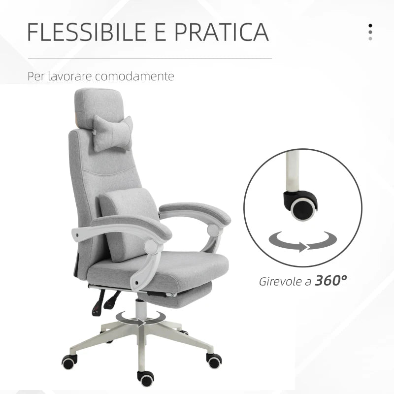 Sedia da Ufficio Ergonomica, Sedia da Scrivania con Rotelle, Cuscino Lombare, Poggiatesta e Poggiapiedi Estraibile, Grigia 62x68x117-127cm YH1921-253YH1