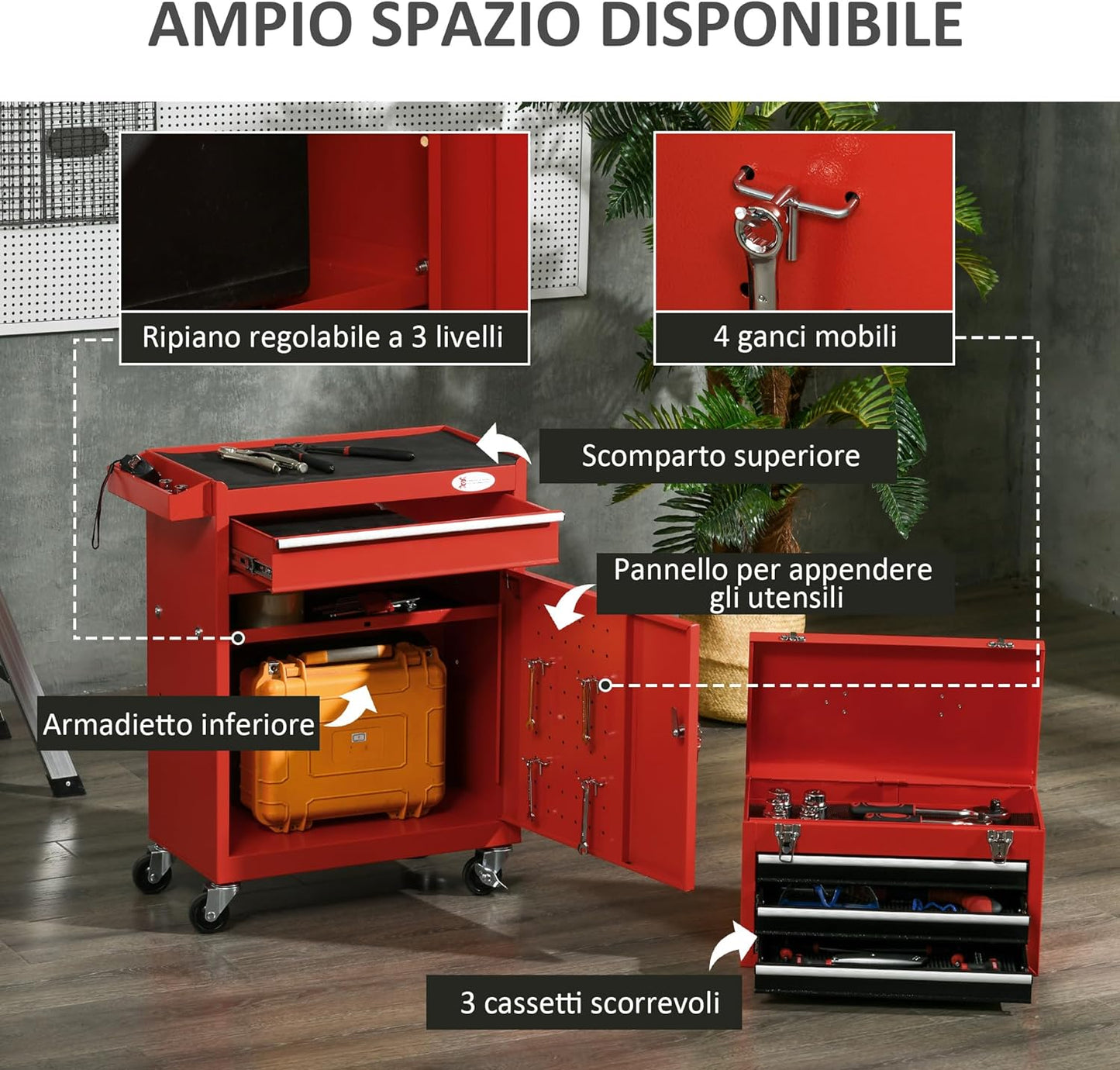 Carrello Porta Attrezzi utensili cassettiera officina per chiavi accessori 2 in 1 con Cassetta Rimovibile e Armadietto con Chiave in Acciaio, Rosso 5RFB20-102V00RD88U