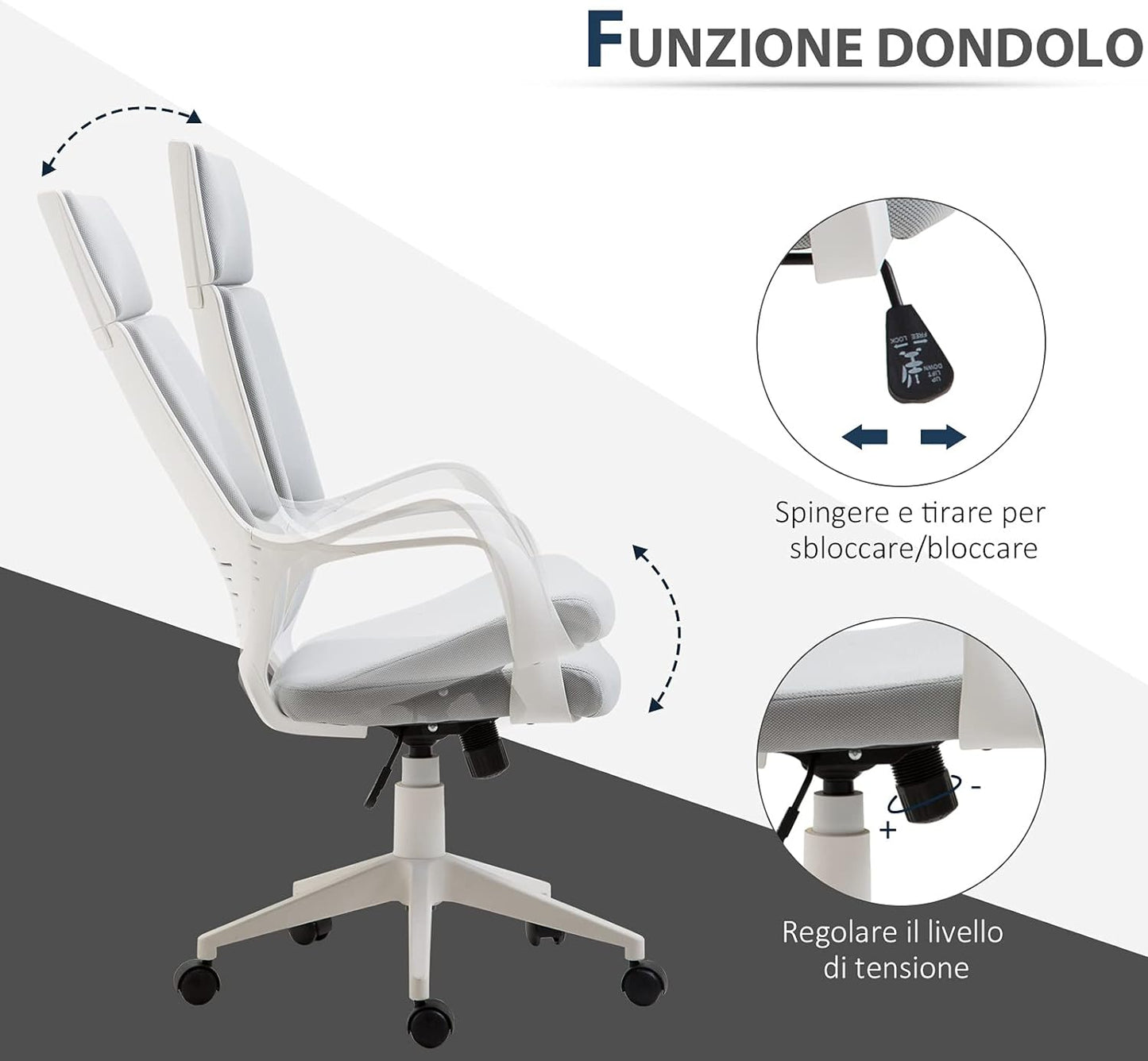 Sedia da Ufficio con Funzione Dondolo, Poltrona Presidenziale in Tessuto Regolabile e Girevole design , 63x63x117-127 cm, Grigio 8B6921-071S4V