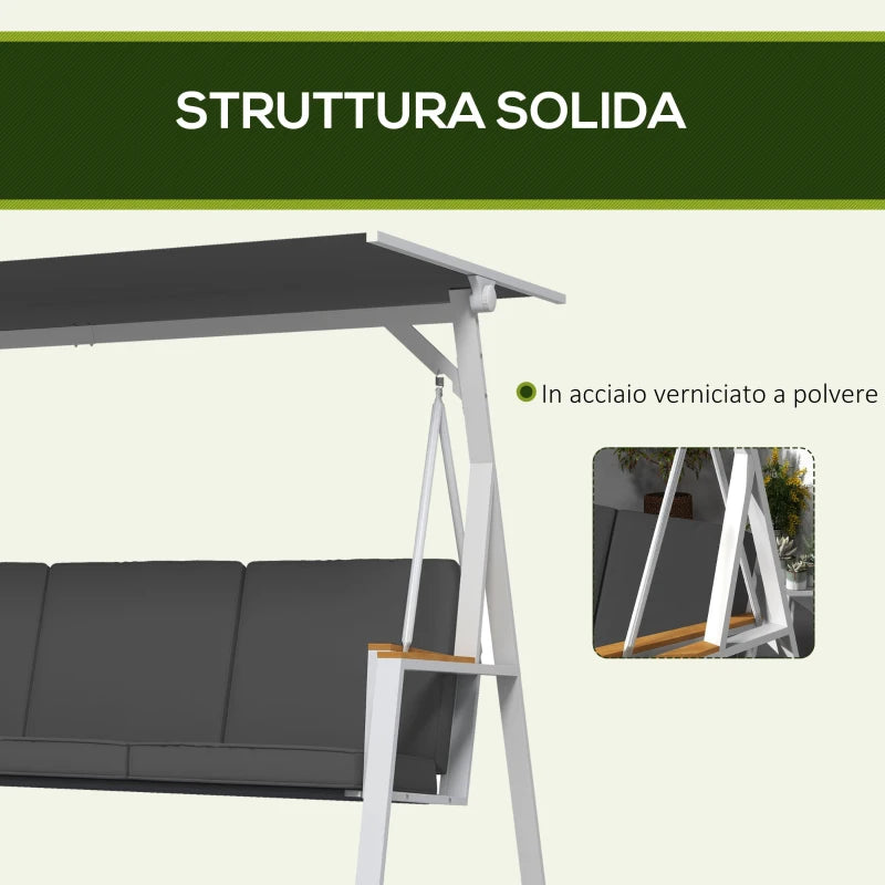 anchina da Giardino 3 Posti con Tettuccio Inclinabile, in Acciaio, 205x130x175 cm, Grigio Scuro 84A-315V00CG