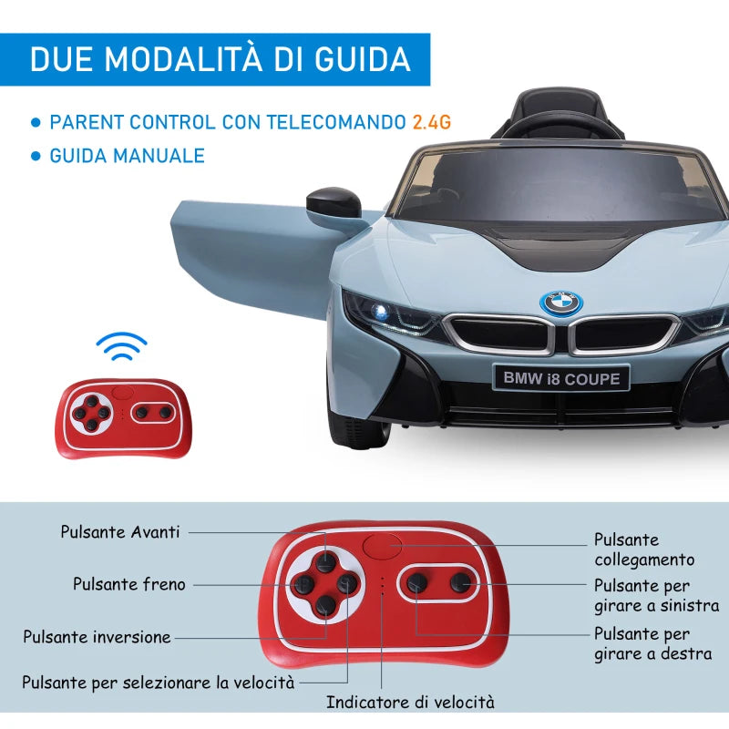 Macchinina Elettrica per Bambini BMW I8 Coupé 6V 3-8 anni con 2.4G Telecomando, Doppie Porte, Luci e Musica, Blu LW6370-118V90LW6