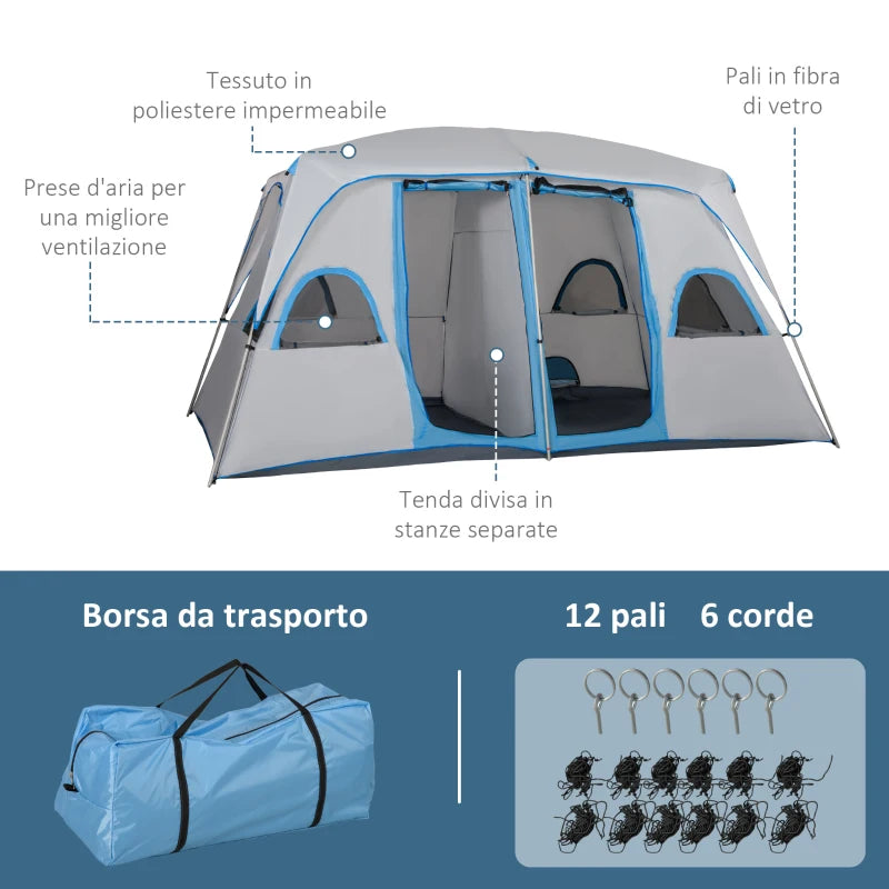 Tenda da Campeggio 4 Persone Impermeabile con 2 Stanze e Finestre a Rete, 400x275x210 cm, Grigia  ES2A20-226GYES2