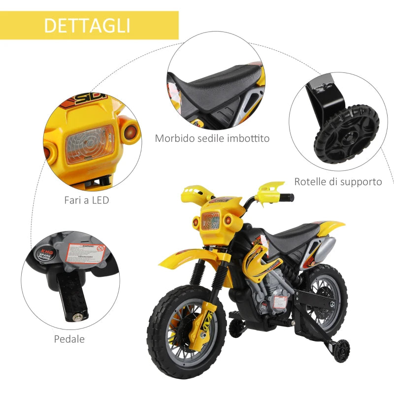 Moto Cross Elettrica con Rotelle Giallo per Bambini 3 anni e più, Batteria 6V Velocità 2.5km/h, 102 x 53 x 66cm WQ2301-043YLWQ2