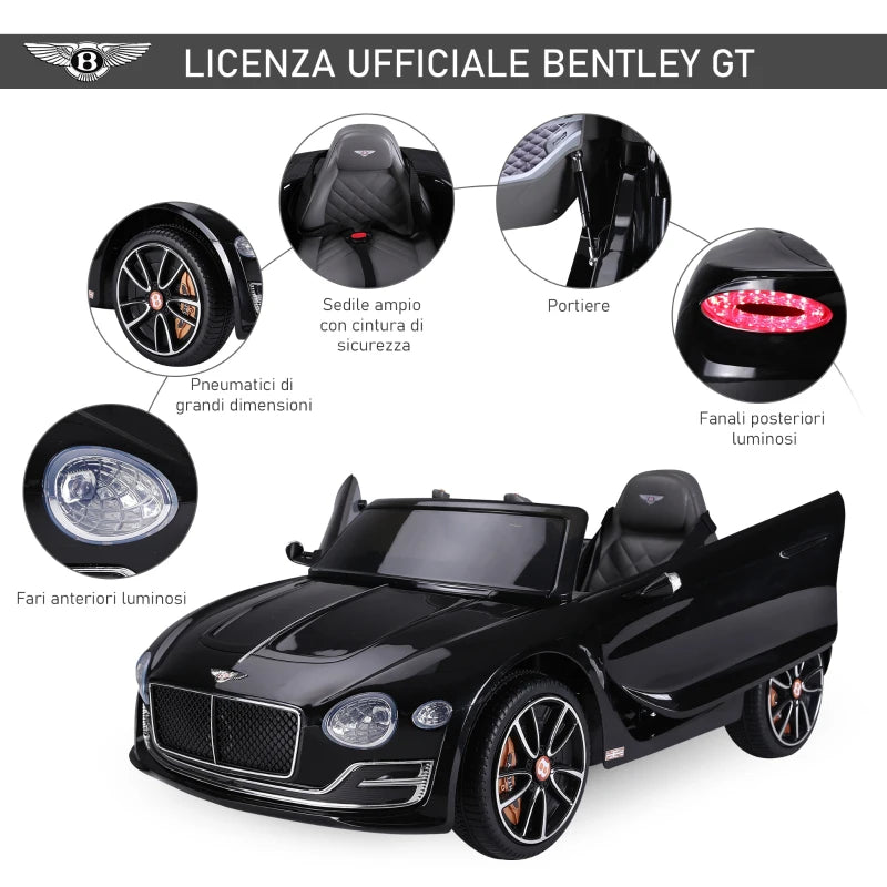 Macchina Elettrica per Bambini Bentley con 2 Portiere Guida Manuale e Telecomando, Fari e Suoni, 108x60x43cm, Nero SE7370-045BKSE7