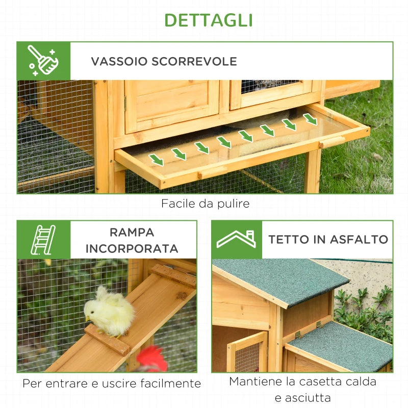 Gabbia per Galline con Casetta e Area Aperta, Nido con Tetto Apribile e Rete Metallica, Pollaio in Legno Giallo, 168x75x103cm JD7D51-191LD7