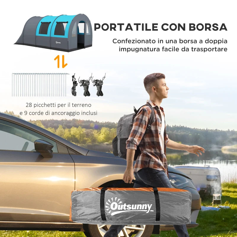 Tenda da Campeggio 5 Posti Impermeabile con Zona Notte e Giorno, in Poliestere, 480x260x200 cm, Grigio e Blu WP9A20-373V00GYWP9