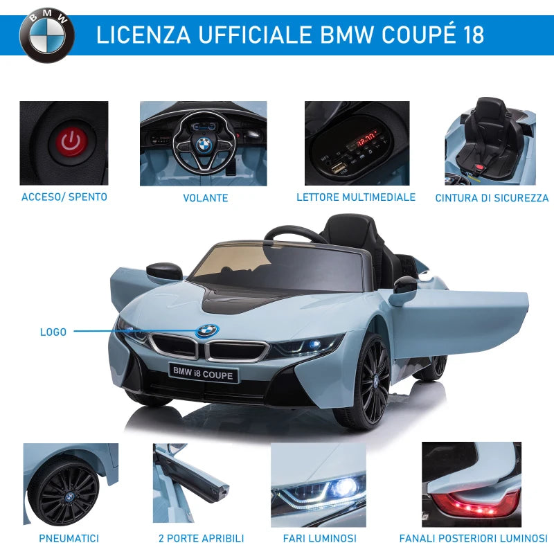 Macchinina Elettrica per Bambini BMW I8 Coupé 6V 3-8 anni con 2.4G Telecomando, Doppie Porte, Luci e Musica, Blu LW6370-118V90LW6