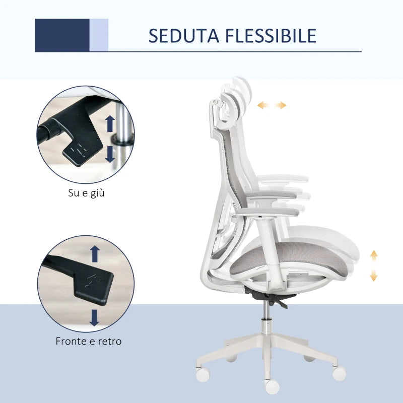 Sedia Ergonomica da Ufficio con Poggiatesta, Inclinazione e Altezza Regolabile, Poltrona Girevole Basculante con Ruote e Schiena in Rete, 67x65x120-128cm, Grigio UN9921-435UN9