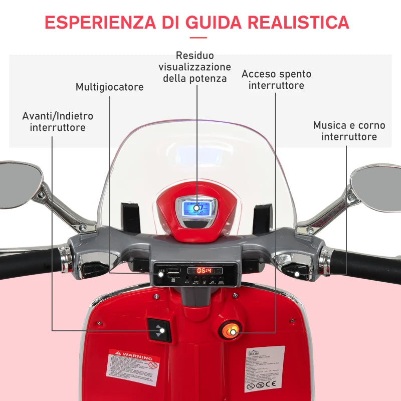 Moto Elettrica per Bambini con Licenza Ufficiale Vespa, 2 Rotelle, Luci e Suoni, 108x49x75 cm, Rossa QW7370-115RDQW7