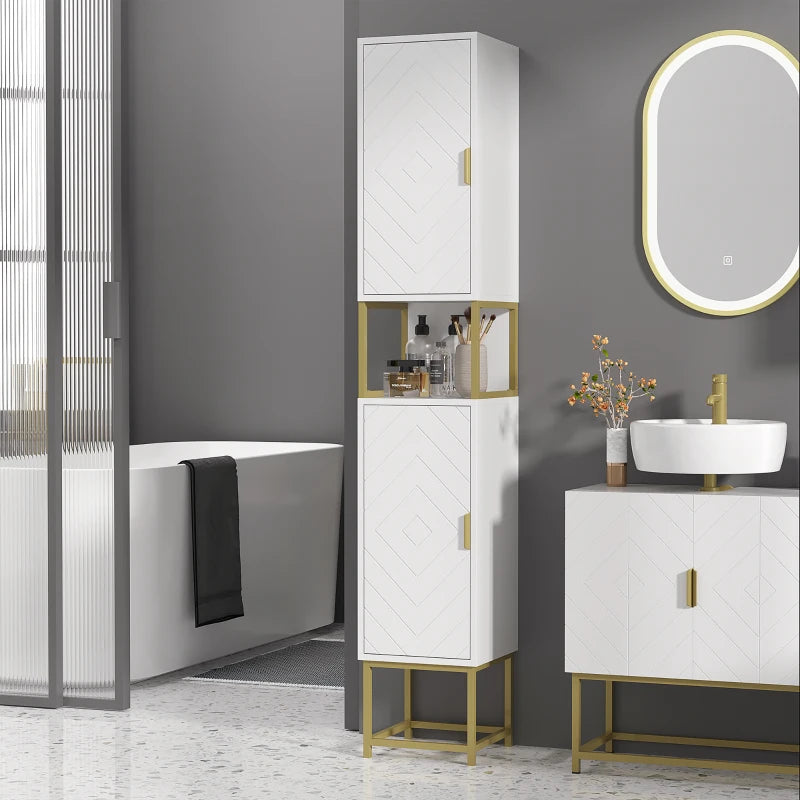 Colonna Bagno con 2 Armadietti e Ripiano in MDF e Acciaio, 30x30x170.7cm, Bianco e Oro ED6834-536V80WTED6