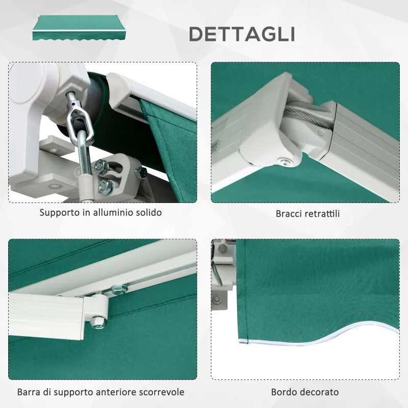 Tenda da Sole per Esterno Avvolgibile a Manovella in Metallo e Alluminio, 4x2.5m, Verde Scuro ED4840-151GNED4