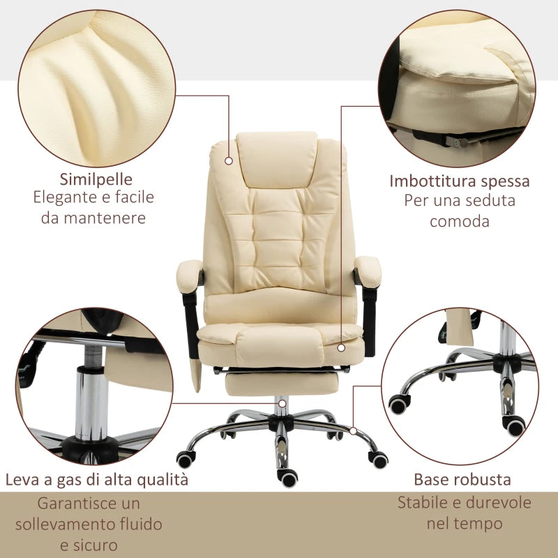 Poltrona Massaggiante Ergonomica ad Altezza Regolabile con 6 Punti Vibranti, 65x160x104 cm, Crema XC6921-318V92CWXC6