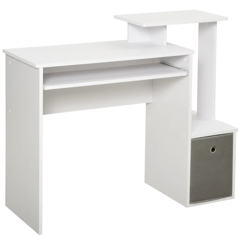 Scrivania Moderna per PC con Mensola Porta Tastiera, Ripiano e Cassetto in Tessuto, in Legno, 100x40x86.6cm, Bianco QE2836-263QE2