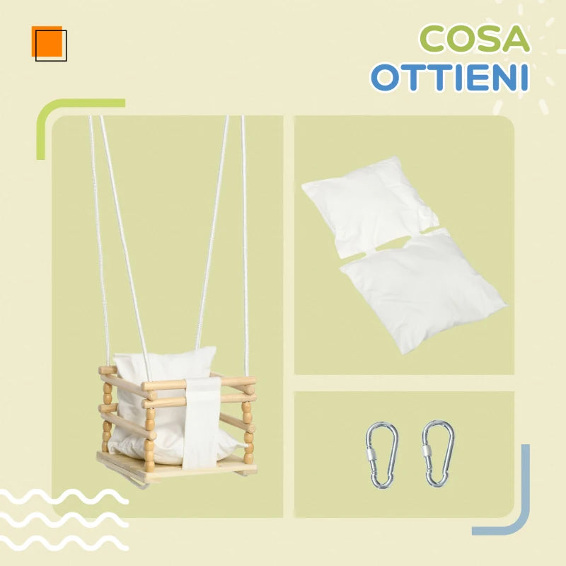 Altalena per Bambini 9-36 Mesi in Legno e Cotone con Corda Regolabile e Cuscino, 30x30x110-180 cm TG9331-032V00WTTG9