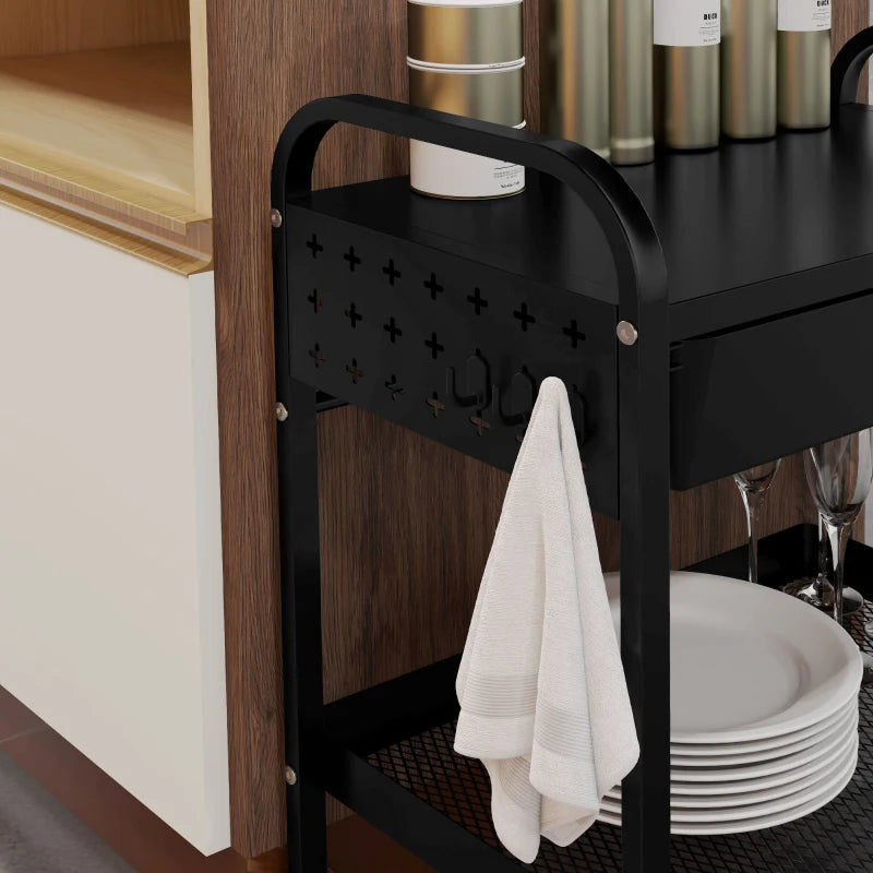 Carrello da Cucina con Cesto, Cassetto Estraibile e 3 Ganci, in PP e Metallo, 61x32.6x58.5 cm, Nero MJ6850-276V00BKMJ6