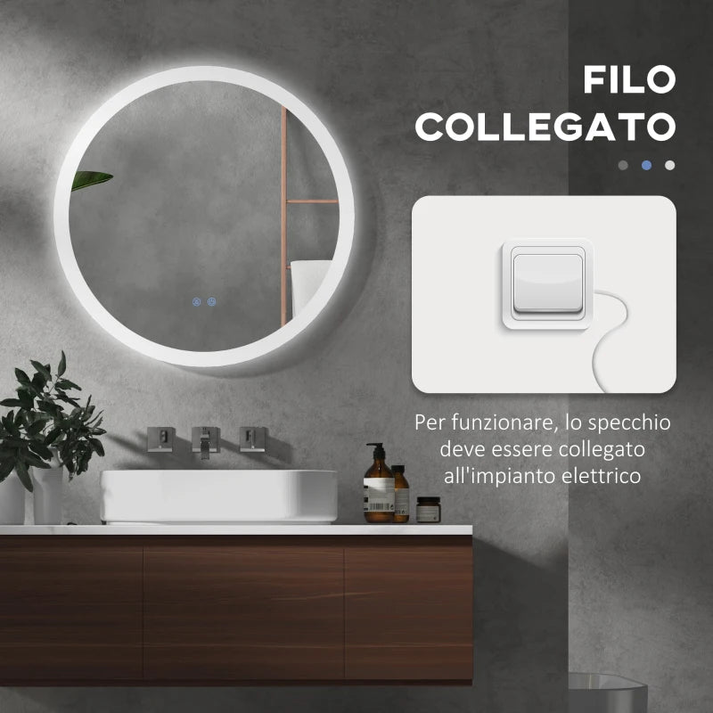 Specchio Bagno LED Antiappannamento con 3 Colori e Luminosità Regolabile, in Metallo e Vetro, Ø70x3 cm MJ6834-597V01CRMJ6