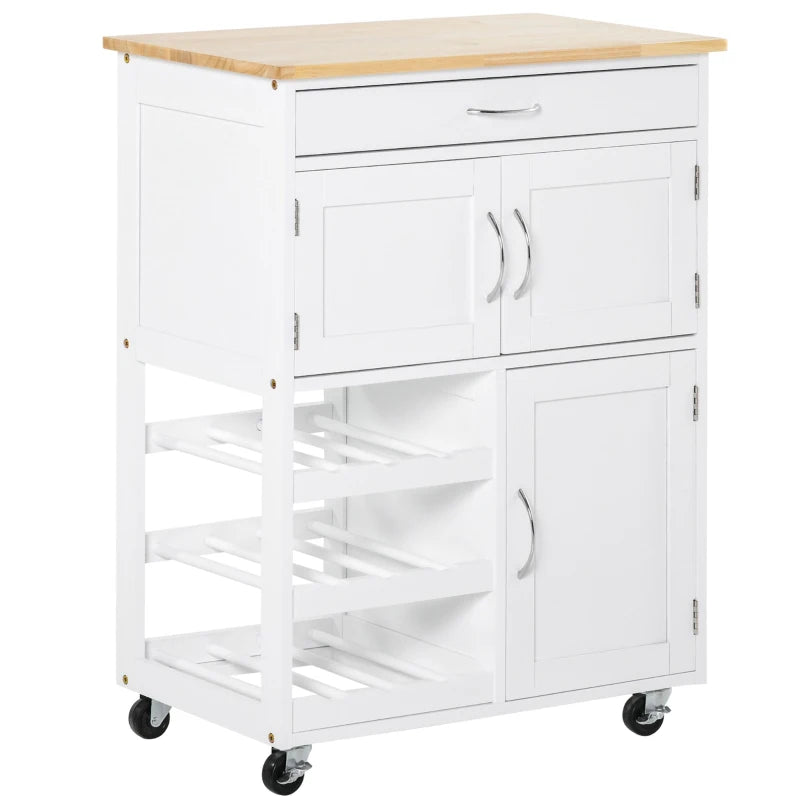 Carrello Portavivande, Carrellino per Cucina in Legno Bianco con Portabottiglie 1 Cassetto e 3 Antine, 67x37x87cm UT8801-179UT8