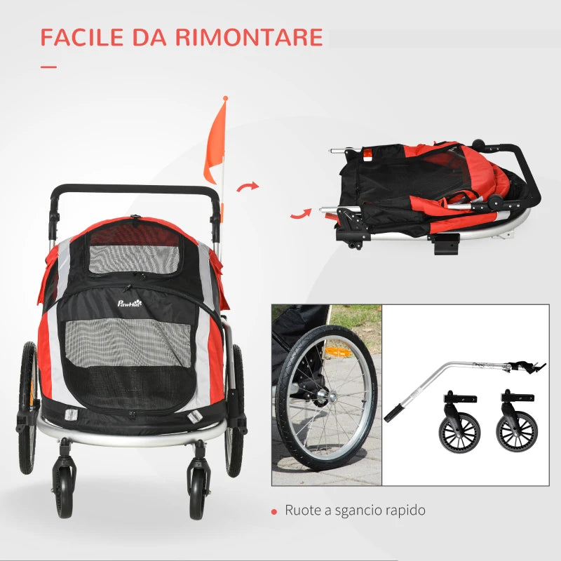 Rimorchio Bici per Cani sotto i 35kg con Porta Anteriore e Posteriore, Finestre a Rete e Tetto Apribile, 150x82x98-108cm YH3D00-142RDYH3