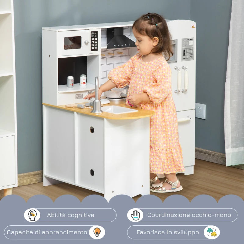 Cucina Giocattolo in Legno per Bambini 3-6 Anni con 14 Accessori, Forno e Lavandino, 82x65x87 cm, Bianco BH5350-106BH5