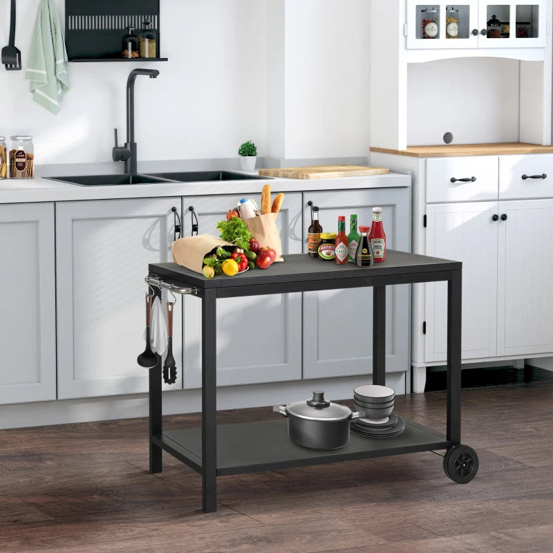 Carrello da Cucina a 2 Livelli con Maniglie e Ganci Laterali, in Acciaio, 135x46.5x86.5 cm, Nero NB6801-135NB6