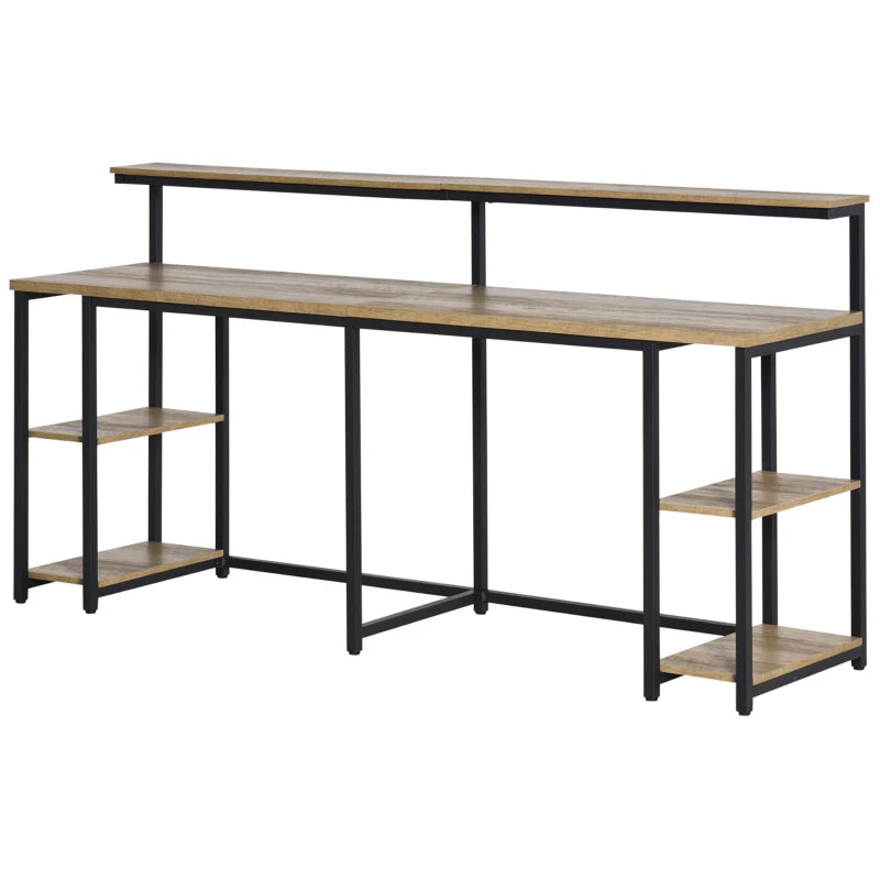 Scrivania Doppia con Scaffali e Mensola per Monitor in Stile Industriale, Scrivania con Libreria Salvaspazio per Ufficio e Studio in Metallo e MDF, 200x53x100cm, Nero Marrone ZX3836-374ZX3