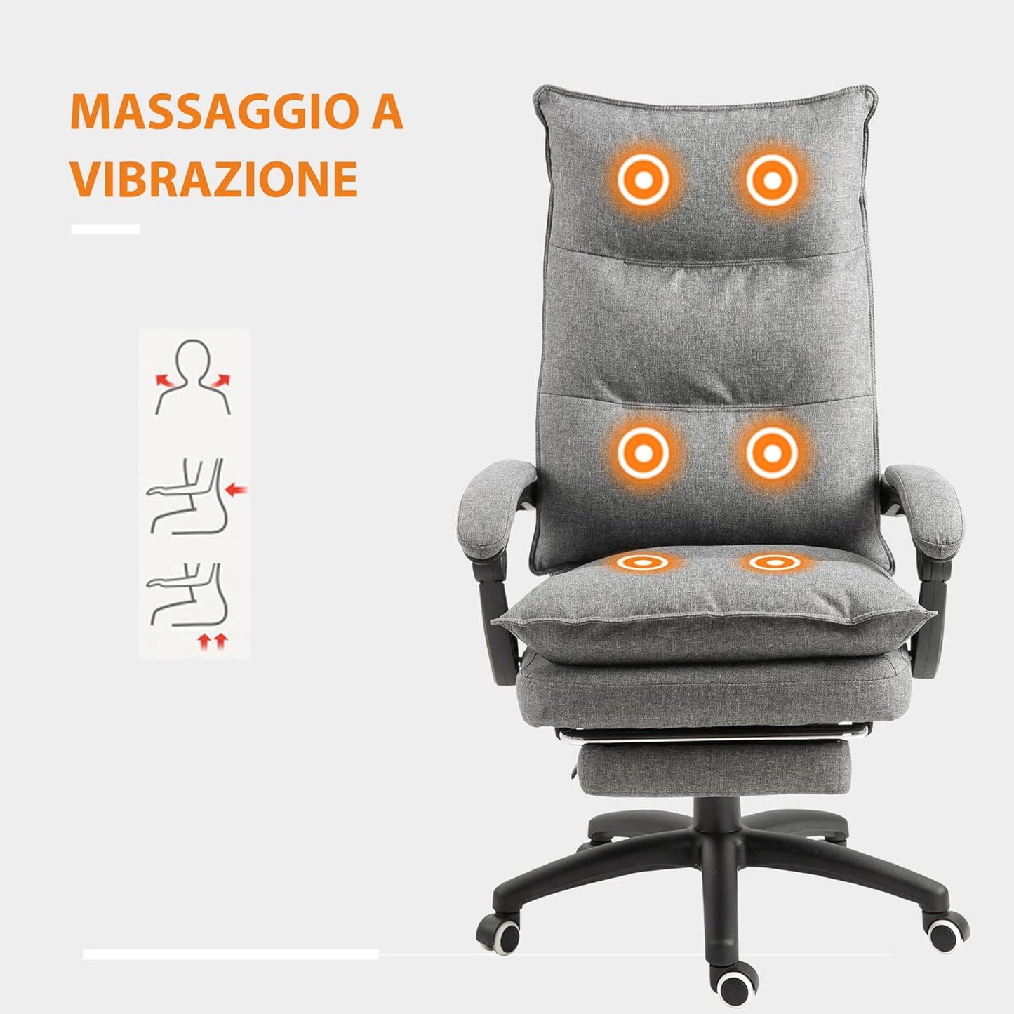 poltrona massaggi Sedia Ufficio studio Imbottita con 6 Punti Massaggianti, Altezza Regolabile e Rotelle, 70x62x120-130 cm, Grigio tessuto R5G921-232GYD55