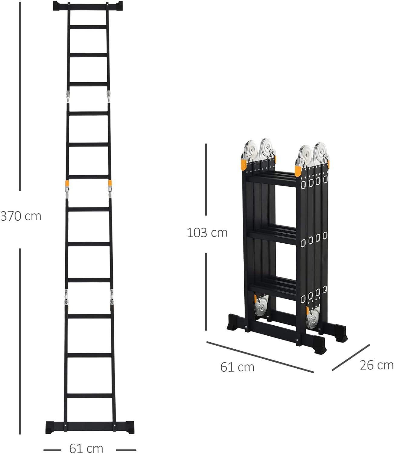 Scala in Alluminio 5 in 1 Nera con 2 Pannelli di Sostegno Scala Pieghevole per Interni ed Esterni giardino Carico Massimo 150kg, 370x61x11 cm DRFB72-029VT6