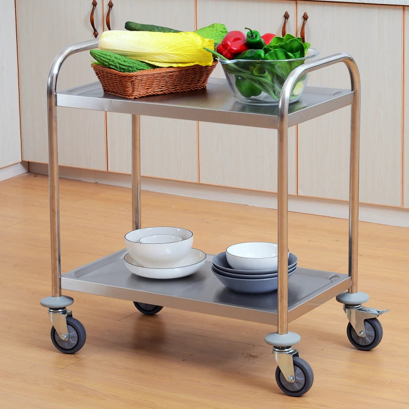 Carrello da Cucina 2 Ripiani con Ruote in Acciaio Inox 71x41x81cm, Argento ER4801-076ER4