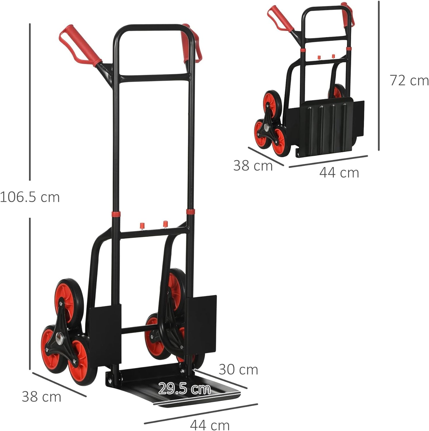 Carrello Portapacchi Pieghevole pacchi scale 120 kg max con Maniglia Estraibile Carrello da Trasporto in Acciaio, PP e TPR, 60x45x109 cm, Rosso e Nero YGYB71-029FR5