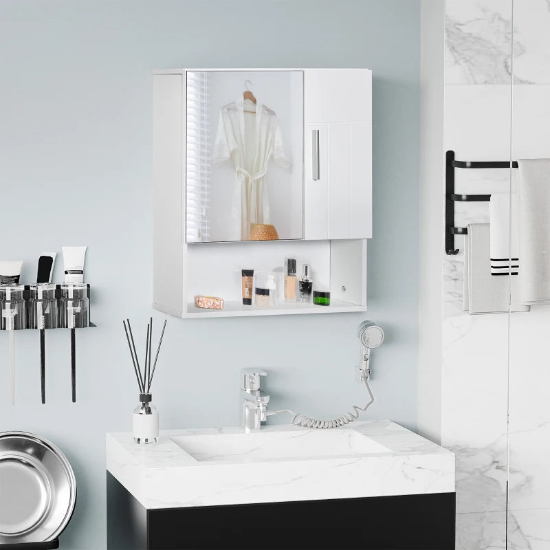 Armadietto Specchiera Pensile da Bagno in Legno con Mensole Regolabili, Mobile Bagno a 2 Ante e Ripiano Aperto, 54x15.2x55.3cm, Bianco EF4834-347WTEF4